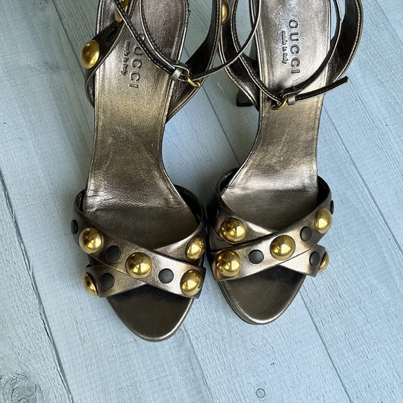 Gucci Metallic Leather Studded High Heel Sandals Size 5 - Picture 4 of 9